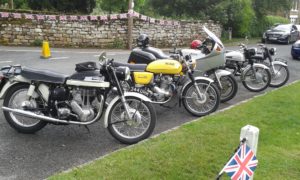 9 bikes attended the very eventful run (6 Norton's), a full report will be given at the July meeting. The bikes here are parked up in Rosedale.